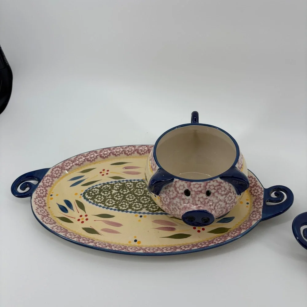 Temp-tations Old‎ World Pig Soup and Sandwich Set 4pc Blue Floral Ceramic